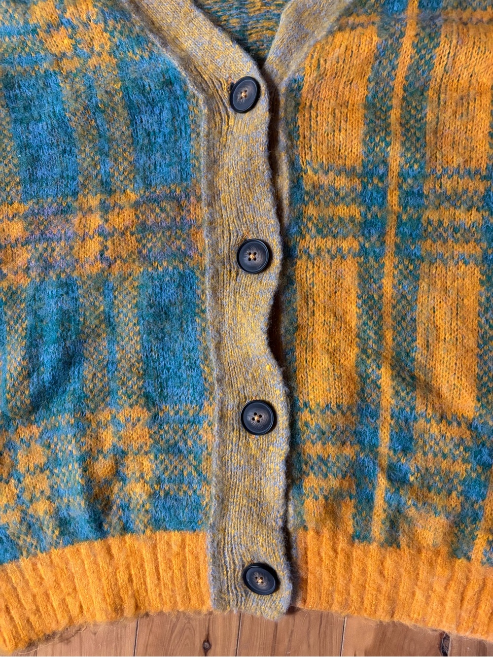 Free People Sepia Plaid Cardigan in Marigold Sky Combo Sz XS OVERSIZED FuzzyWool - Picture 6 of 15